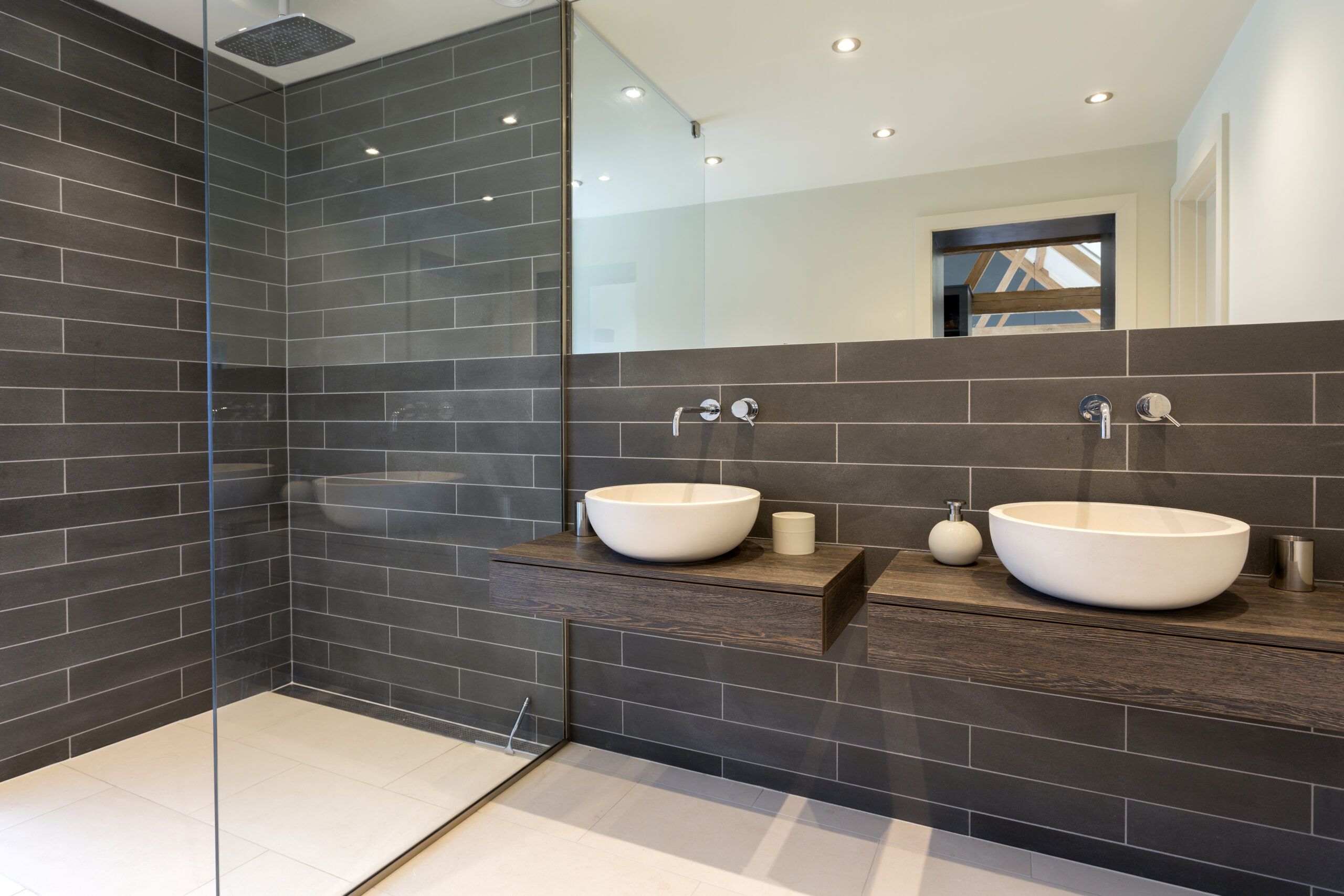 Oxford, Oxfordshire, uk, Sinks and shower in modern bathroom
